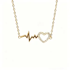 S925 Sterling Silver EKG Heartbeat Heart Pendant Necklace For Women Zirconia Inlaid Minimalist Clavicle Chain Jewelry Gift