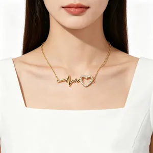 Sparkling S925 sterling silver heart and heartbeat necklace in elegant gold finish