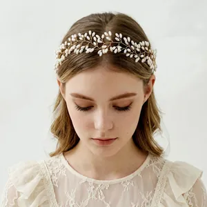 Vigne de Cheveux Mariée Fait Main Alliage d'Or Fil de Cuivre Künstliche Perle d'imitation Feuille Serre-tête Ruban Mousseline Femme