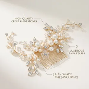 Detailed shot of handmade gold wire hair comb with marquise rhinestones and pearls