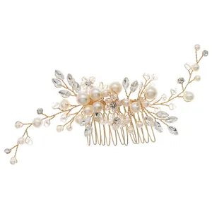 Handmade bridal hair comb with pearls and marquise crystals in gold floral design