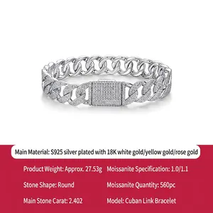 Bracelet gourmette cubaine Hip Hop en argent S925 serti de 560 pierres moissanite