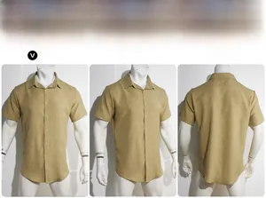 Front, side and back views of men's short sleeve lapel shirt with linen texture
