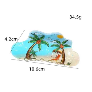 Island beach style hair claw with palm trees and ocean print, 10.6cm shark clip for women