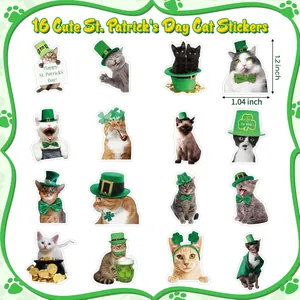 16-pack Saint Patrick's Day cat stickers with shamrocks and green hats in a grid layout