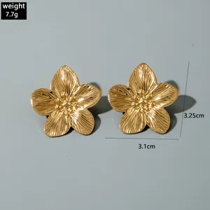 Detailed view of gold flower earrings with pearl centers and 3.1cm width dimensions