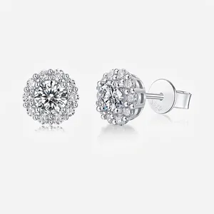 S925 Sterling Silver Moissanite Stud Earrings Round Halo Cluster Earrings With 925 Silver Post Moissanite Jewelry For Women