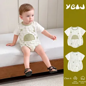 Newborn Baby Summer Cotton Short Sleeve Romper Breathable Grid Pattern Bodysuit With Cartoon Applique For Infants Casual Wear