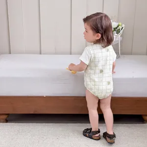 Breathable baby grid pattern short-sleeve bodysuit for summer comfort