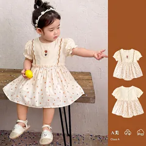 Pagliaccetto a Vestito da Neonata in Poliestere a Maniche Corte Con Stampa Floreale Ricamo a Tulipano Stile Principessa