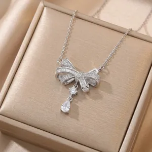 Collier Pendentif Nœud Papillon Acier Inoxydable Cuivre Zircon Goutte Élégant Bijou Pour Femmes