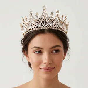 Baroque Bridal Crown Tiara Alloy Rhinestone Marquise Crystal Wedding Party Headpiece For Women Vintage Luxury