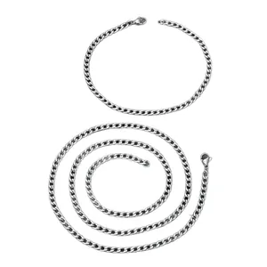 Polished silver stainless steel hip hop curb chain necklace and bracelet set for men
