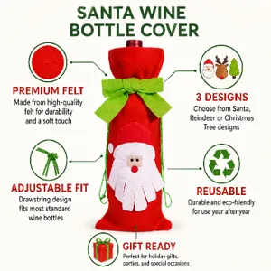 Santa Christmas wine bottle cover with green bow and high-quality premium felt - 81 characters