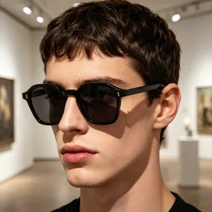 Retro black square sunglasses for men featuring a modern hexagonal acetate frame
