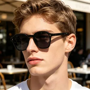 Close-up of men wearing vintage black square sunglasses with silver metal accents