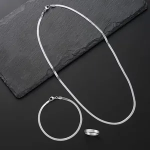 Minimalist Stainless Steel Flat Snake Bone Chain Necklace Bracelet Polished Band Ring Unisex Jewelry Set Accessory Gift