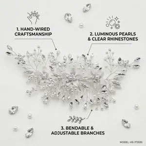 Detail of handcrafted bridal hair comb with silver flower wire, pearls and rhinestones