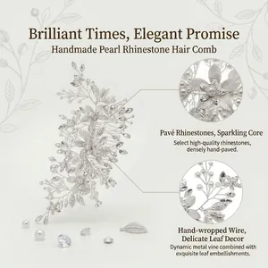 Handmade bridal hair comb with silver flower leaves, sparkling rhinestones and pearls