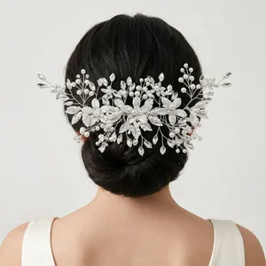 Bridal Hair Comb Handmade Alloy Flower Leaf Artificial Pearl Rhinestone Crystal Wedding Headpiece For Women Elegant Accessories