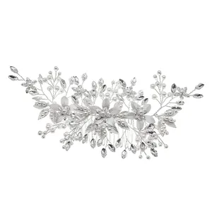 Elegant bridal hair comb with silver alloy leaves, white pearls and sparkling rhinestones