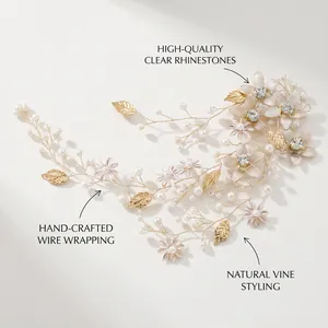 Detailed macro view of hand-crafted gold leaf vine with pearls and crystals for brides