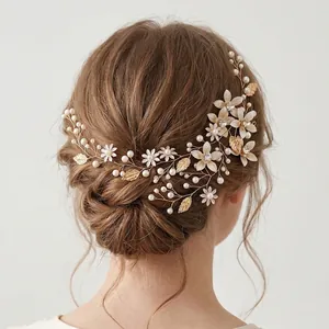 Handmade Alloy Bridal Hair Vine Headband With Faux Artificial Pearls Rhinestones Floral Leaf Accessories For Wedding Party Women