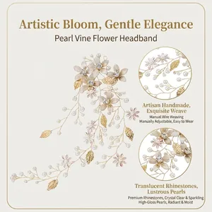 Elegant pearl and gold leaf bridal headband featuring handmade floral wire design