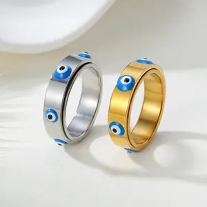 Bagues rotatives en acier inoxydable or et argent avec motifs œil bleu émaillé