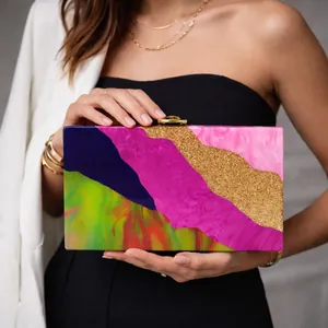 Chic acrylic clutch with wave pattern color block and gold clasp for evening party