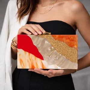 Luxury acrylic evening clutch with red marble patchwork and gold glitter accents