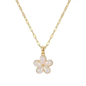 Elegant gold-plated flower necklace with white pearl petals and sparkling crystal edges