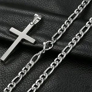 Men's 304 Stainless Steel Cross Pendant Necklace Polished Figaro Chain Minimalist Religious Jewelry Gift For Women Unisex