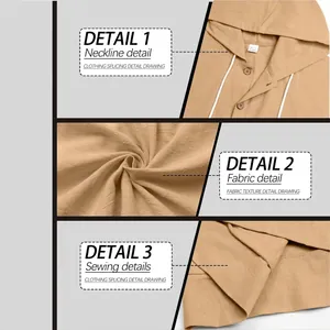 Men's khaki linen hooded shirt with buttoned placket and white drawstring detail