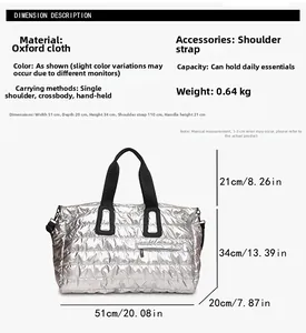 Dimensions du sac de voyage matelassé en tissu oxford argenté avec détails de taille