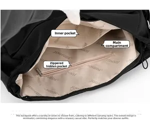 Detail view showing multi-layer interior pockets with brand lining and zipper pocket