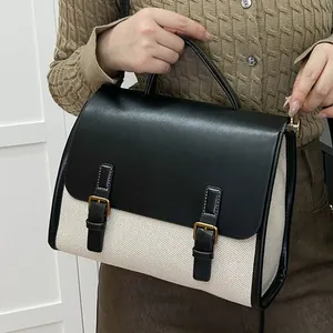 Retro canvas and black leather crossbody messenger bag with top handle for women