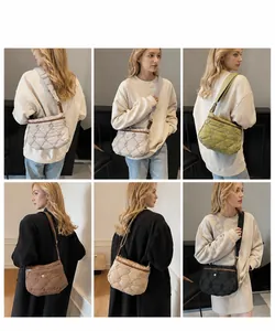 Collage of model wearing quilted puffer bags in various colors with adjustable strap