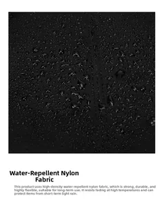 Close-up of waterproof high-density nylon fabric with water droplets on black surface