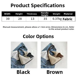 Dimensions détaillées du sac seau hobo en toile avec finitions en cuir noir et marron