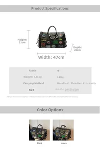 Detailed size chart for large capacity travel bag showing 47x31x26cm dimensions