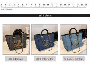 Detaillierter Vergleich der großen Denim-Tote-Bags in Schwarz, Dunkelblau und Hellblau
