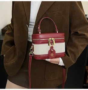 Dettaglio borsa a scatola vintage in pelle rossa e tela indossata con cappotto di velluto