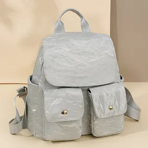 Sac à Dos en Cuir PU pour Femmes Mode Texture Plissée Grande Capacité Sac d'École de Voyage Décontracté Couleur Unie Imperméable Antivol