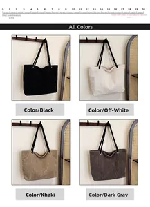 Détail des sacs cabas en velours côtelé en quatre couleurs avec anses en corde