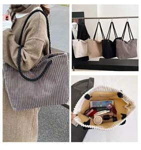 Vues détaillées du sac fourre-tout en velours côtelé avec poignées en corde et poches