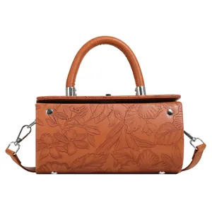 Detail of floral embossed texture and silver hardware on a brown rectangular handbag