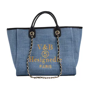 Detail der blauen Denim-Tasche mit gelber Stickerei, schwarzen Ledergriffen und Kettenriemen