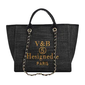 Detail der grauen Denim-Einkaufstasche mit Kettenriemen und gelber Paris-Stickerei