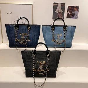 Große Kapazität Denim Einkaufstasche Mit Kettenriemen Bestickte Buchstaben Vintage Handtasche Schultertasche Denim Tasche